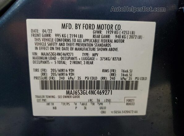 MAJ6S3GL4NC469271 2022 FORD ECOSPORT Blue Vista de la etiqueta del VIN