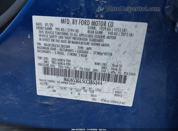 MAJ6S3GL5LC385344 2020 FORD ECOSPORT Blue Շարժիչի բաժամունքի տեսք