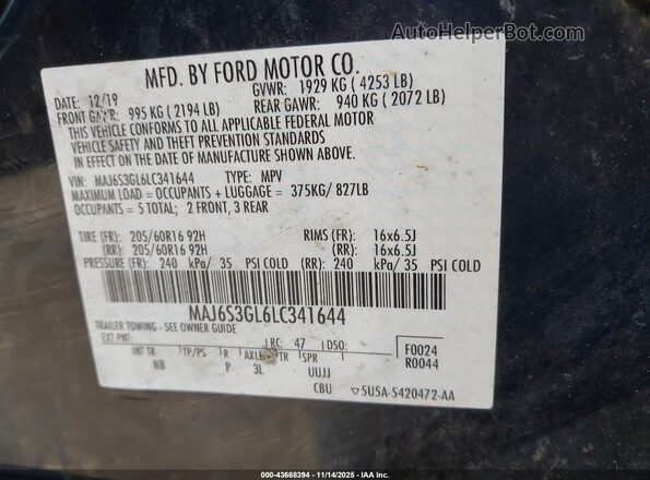 MAJ6S3GL6LC341644 2020 FORD ECOSPORT Black ძრავის განყოფილების ხედი