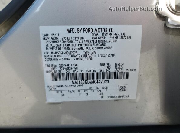 MAJ6S3GL6MC442023 2021 FORD ECOSPORT Silver VIN կոդի պիտակի տեսք