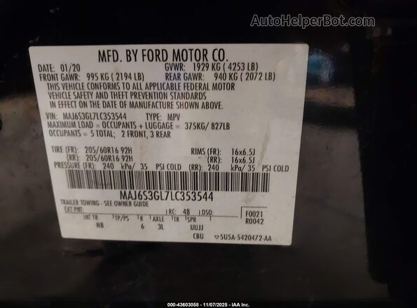 MAJ6S3GL7LC353544 2020 FORD ECOSPORT Black Engine compartment view