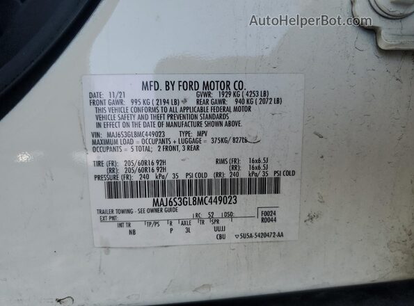 MAJ6S3GL8MC449023 2021 FORD ECOSPORT White Панорамний вид салону 360°