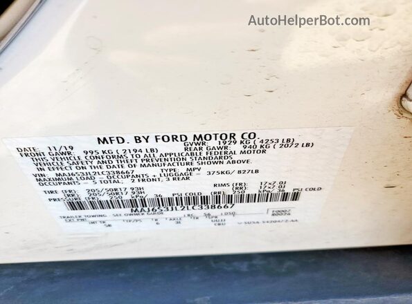 MAJ6S3JL2LC338667 2020 FORD ECOSPORT White Vista interior de 360 grados