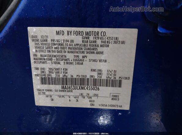 MAJ6S3JLXMC455026 2021 FORD ECOSPORT Синий Вид подкапотного пространства