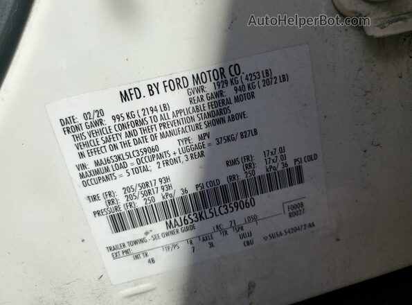 MAJ6S3KL5LC359060 2020 FORD ECOSPORT White ძრავის განყოფილების ხედი