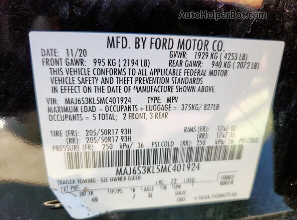 MAJ6S3KL5MC401924 2021 FORD ECOSPORT Черный Панорамный вид салона 360°