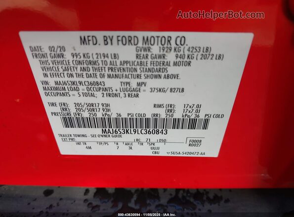 MAJ6S3KL9LC360843 2020 FORD ECOSPORT Red ძრავის განყოფილების ხედი