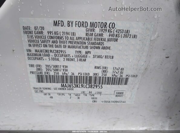MAJ6S3KL9LC382955 2020 FORD ECOSPORT White Engine compartment view