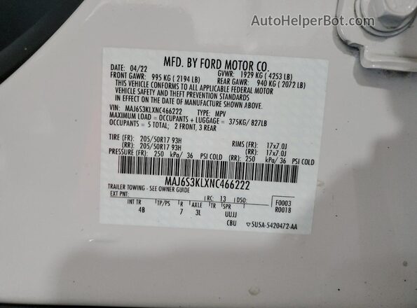 MAJ6S3KLXNC466222 2022 FORD ECOSPORT Белый Панорамный вид салона 360°