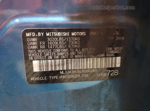 ML32A3HJ6LH000260 2020 MITSUBISHI MIRAGE Blue Engine compartment view