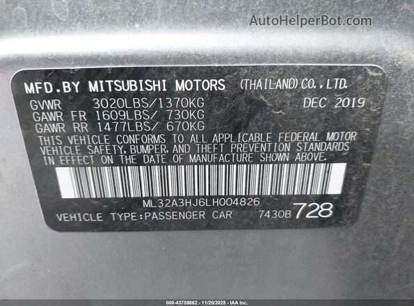 ML32A3HJ6LH004826 2020 MITSUBISHI MIRAGE Gray ძრავის განყოფილების ხედი