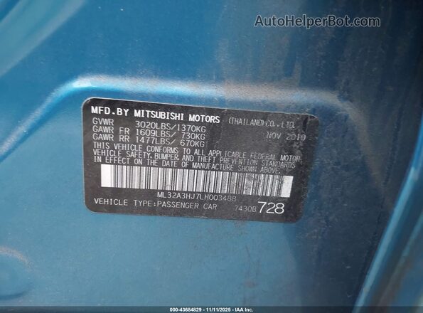 ML32A3HJ7LH003488 2020 MITSUBISHI MIRAGE Blue ძრავის განყოფილების ხედი