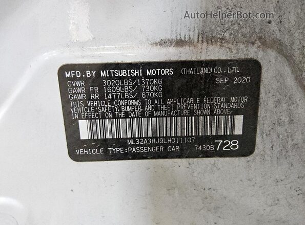 ML32A3HJ9LH011107 2020 MITSUBISHI MIRAGE White Widok komory silnika