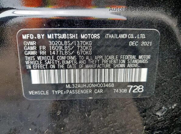 ML32AUHJ0NH003468 2022 MITSUBISHI MIRAGE Black Vista de la etiqueta del VIN
