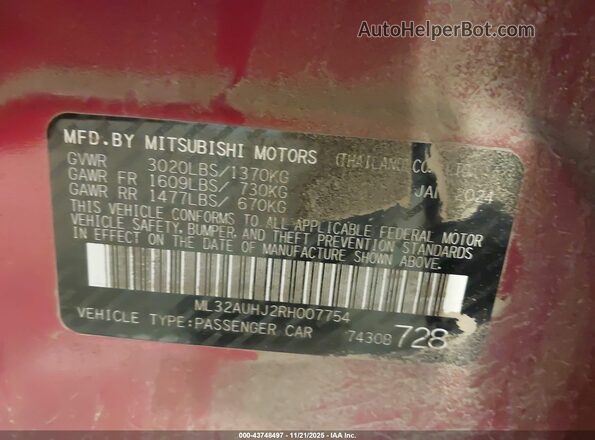 ML32AUHJ2RH007754 2024 MITSUBISHI MIRAGE Red ძრავის განყოფილების ხედი