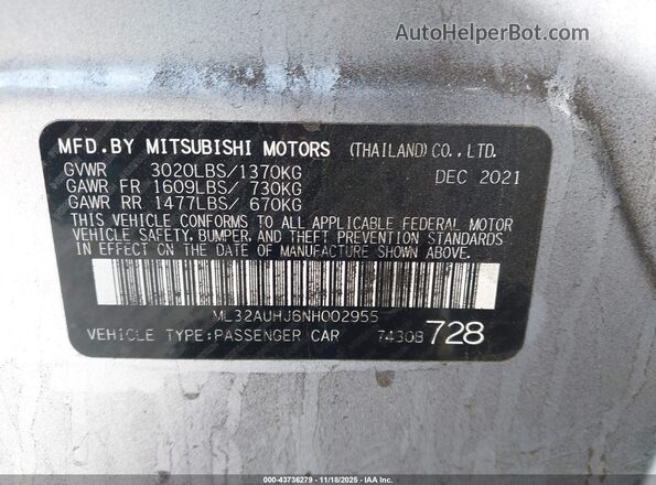 ML32AUHJ6NH002955 2022 MITSUBISHI MIRAGE Серебряный Вид подкапотного пространства
