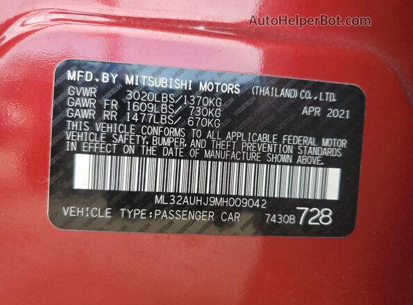ML32AUHJ9MH009042 2021 MITSUBISHI MIRAGE Red ძრავის განყოფილების ხედი