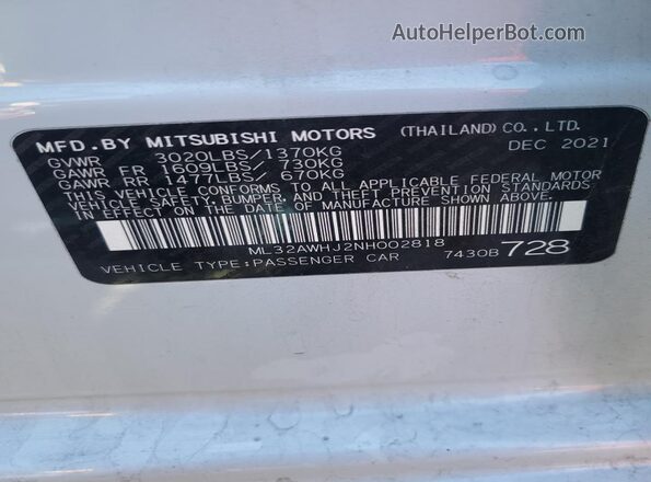 ML32AWHJ2NH002818 2022 MITSUBISHI MIRAGE White Vista de la etiqueta del VIN