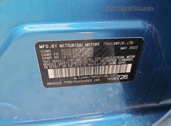 ML32AWHJ7NH007125 2022 MITSUBISHI MIRAGE Blue Vista de la etiqueta del VIN