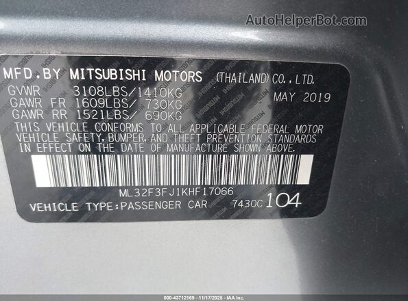 ML32F3FJ1KHF17066 2019 MITSUBISHI MIRAGE G4 Gray Vista del compartimento del motor