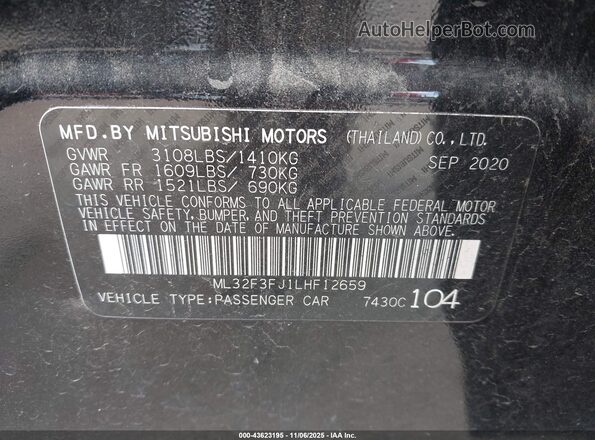 ML32F3FJ1LHF12659 2020 MITSUBISHI MIRAGE G4 Black Вид підкапотного простору