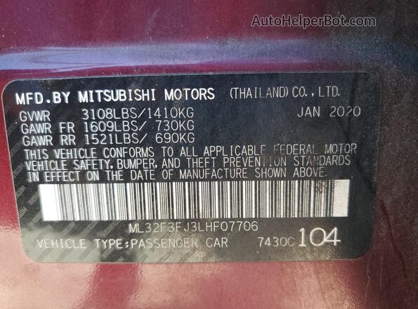 ML32F3FJ3LHF07706 2020 MITSUBISHI MIRAGE Burgundy Շարժիչի բաժամունքի տեսք