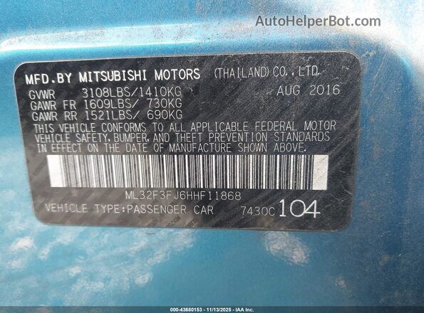 ML32F3FJ6HHF11868 2017 MITSUBISHI MIRAGE G4 Blue Вид підкапотного простору