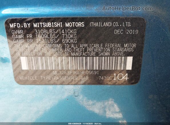 ML32F3FJ6LHF05691 2020 MITSUBISHI MIRAGE G4 Blue Engine compartment view
