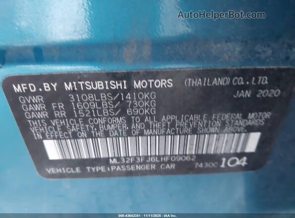 ML32F3FJ6LHF09062 2020 MITSUBISHI MIRAGE G4 Blue Engine compartment view
