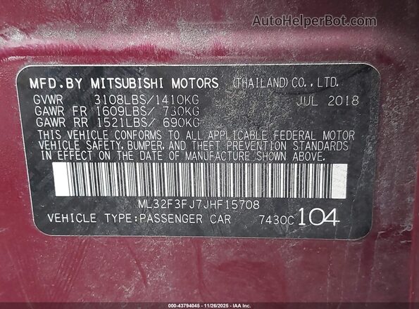 ML32F3FJ7JHF15708 2018 MITSUBISHI MIRAGE G4 Red Вид підкапотного простору