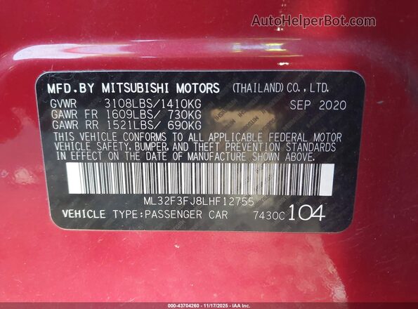 ML32F3FJ8LHF12755 2020 MITSUBISHI MIRAGE G4 Red Вид підкапотного простору
