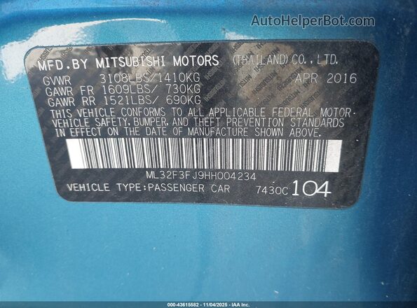 ML32F3FJ9HH004234 2017 MITSUBISHI MIRAGE G4 Blue Вид підкапотного простору