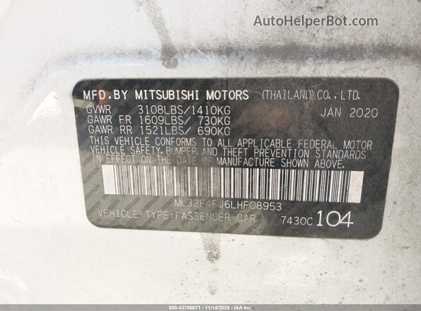 ML32F4FJ6LHF08953 2020 MITSUBISHI MIRAGE G4 White 