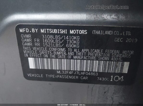 ML32F4FJ7LHF04863 2020 MITSUBISHI MIRAGE G4 Gray 