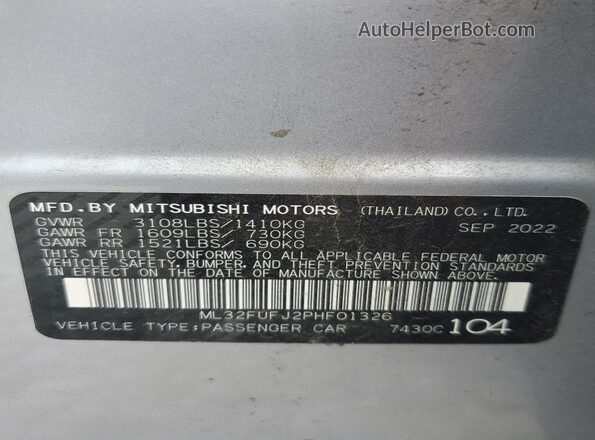 ML32FUFJ2PHF01326 2023 MITSUBISHI MIRAGE Silver VIN կոդի պիտակի տեսք