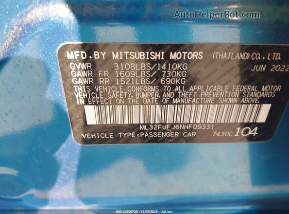ML32FUFJ6NHF09331 2022 MITSUBISHI MIRAGE G4 Blue Widok komory silnika