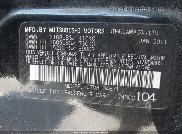 ML32FUFJ7MHF04671 2021 MITSUBISHI MIRAGE G4 Black Вид підкапотного простору