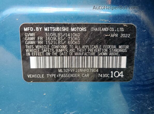 ML32FVFJ1NHF07914 2022 MITSUBISHI MIRAGE Blue Շարժիչի բաժամունքի տեսք