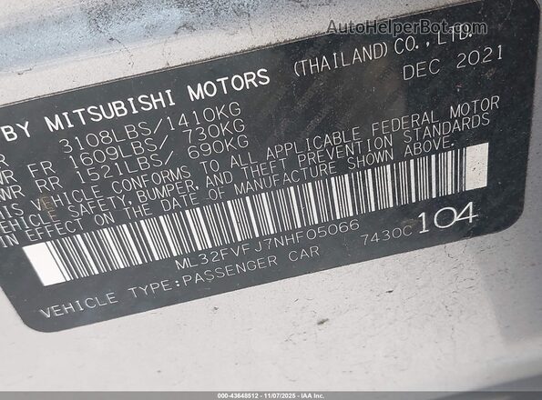 ML32FVFJ7NHF05066 2022 MITSUBISHI MIRAGE G4 Silver Widok komory silnika