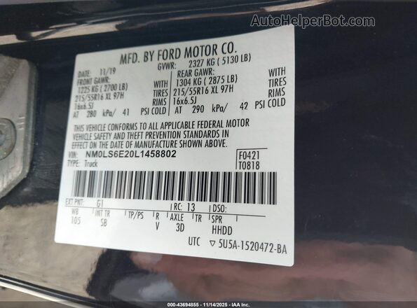 NM0LS6E20L1458802 2020 FORD TRANSIT CONNECT Black Widok komory silnika