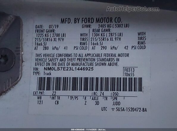 NM0LS7E23L1446925 2020 FORD TRANSIT CONNECT Blue Vista del compartimento del motor