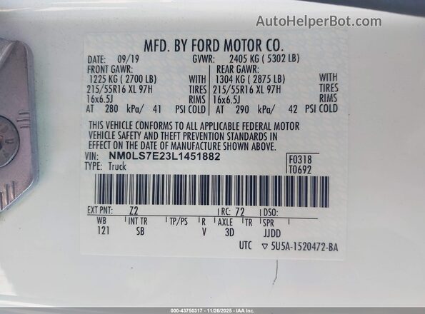 NM0LS7E23L1451882 2020 FORD TRANSIT CONNECT White Вид підкапотного простору
