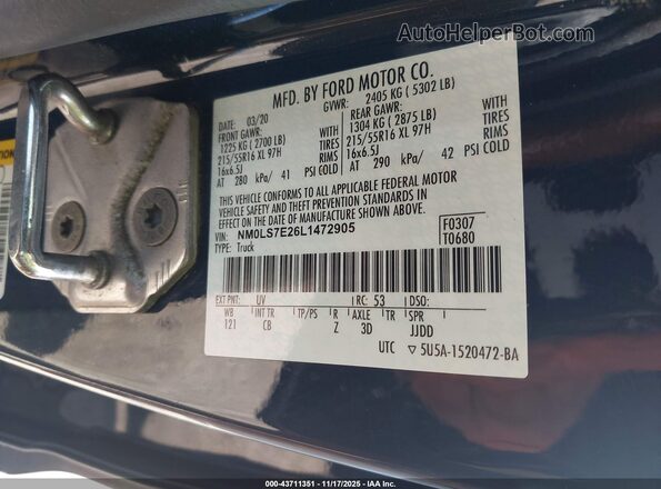 NM0LS7E26L1472905 2020 FORD TRANSIT CONNECT Dark Blue VIN კოდის სტიკერის ხედი