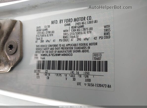 NM0LS7E28M1496933 2021 FORD TRANSIT CONNECT White ძრავის განყოფილების ხედი