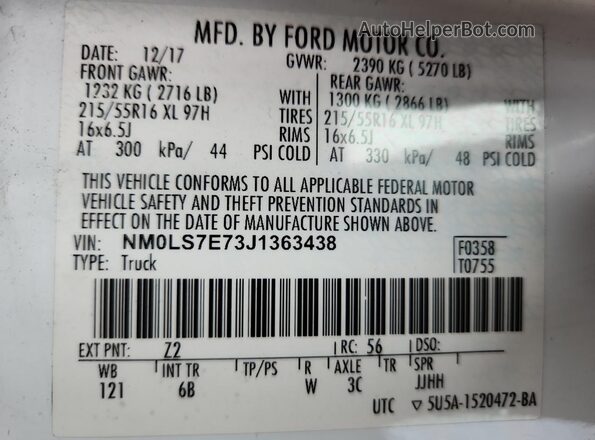 NM0LS7E73J1363438 2018 FORD TRANSIT White Vista de la etiqueta del VIN