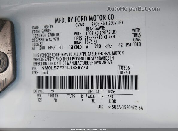 NM0LS7F21L1438773 2020 FORD TRANSIT CONNECT White Vista del compartimento del motor