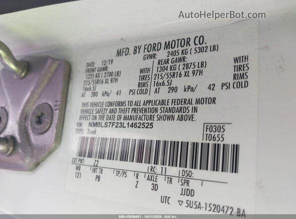 NM0LS7F23L1462525 2020 FORD TRANSIT CONNECT White Engine compartment view