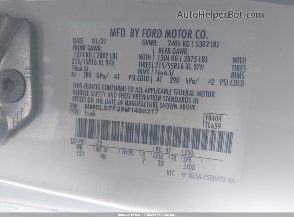 NM0LS7F29M1498317 2021 FORD TRANSIT CONNECT White Engine compartment view