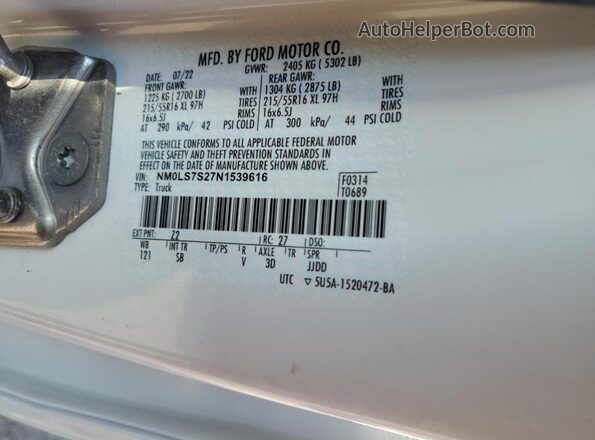 NM0LS7S27N1539616 2022 FORD TRANSIT Белый Вид наклейки с VIN-кодом