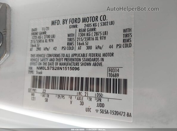 NM0LS7S28N1515096 2022 FORD TRANSIT CONNECT White Շարժիչի բաժամունքի տեսք